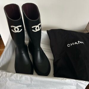 CHANEL Black and White Logo Boots